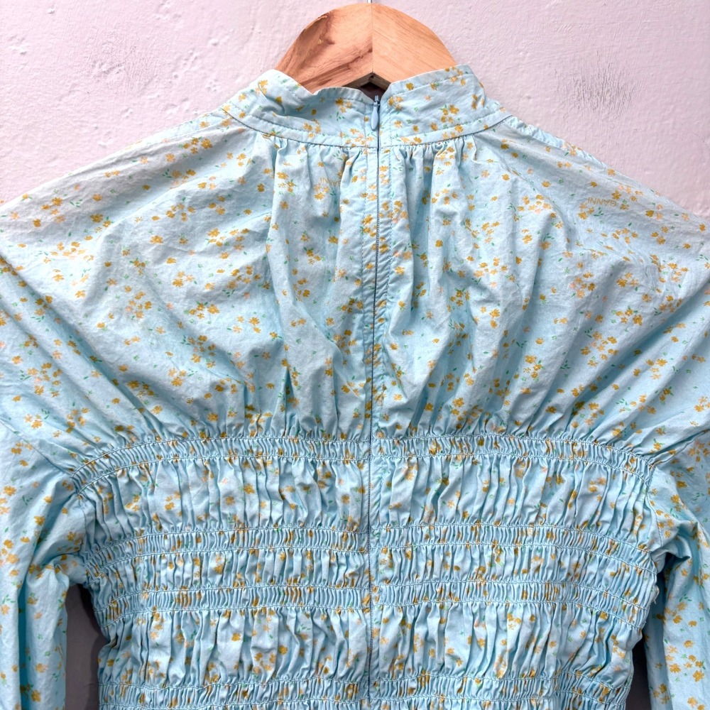 Ganni Smocked Floral Top Shirt Size 38 (US 6) Light Blue Long Sleeve Cotton Flaw - Picture 8 of 14